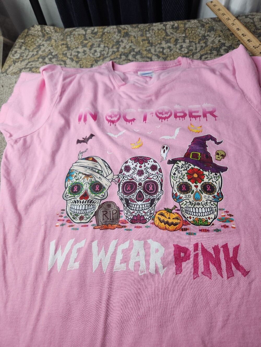 Women's In October We Wear Pink Breast Cancer Graphic Tee - Pink Sugar Skulls  L